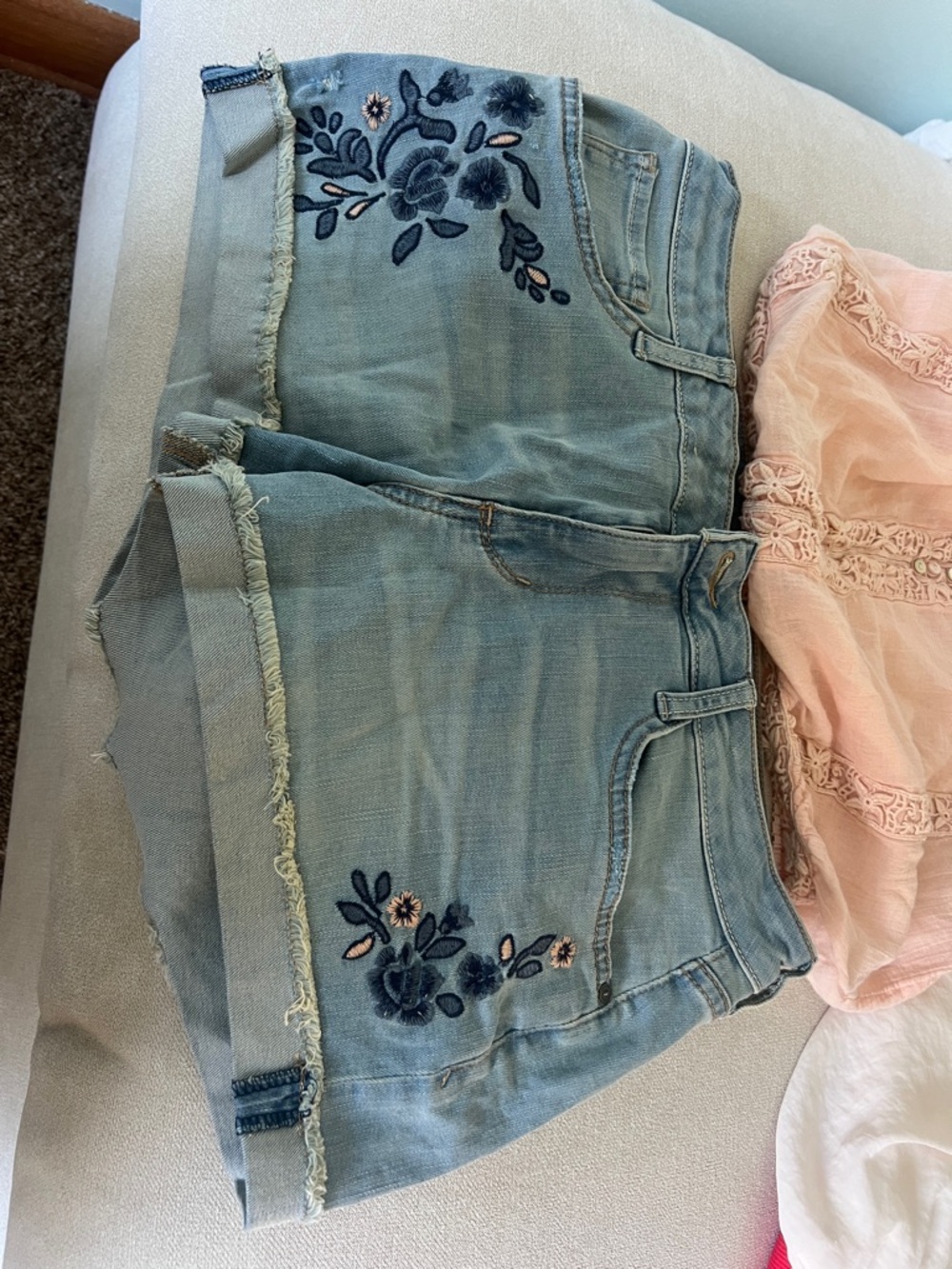 Arizona Jean Company Light Blue Denim Shorts with Navy Floral Embroidery